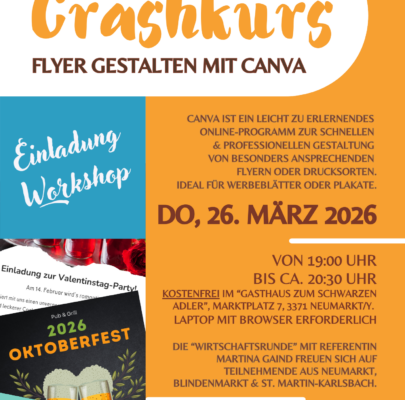 Einladung Crashkurs Canva am Do, 26.3.2026 für Unternehmer, Mitarbeiter & Vereinsvorstände
