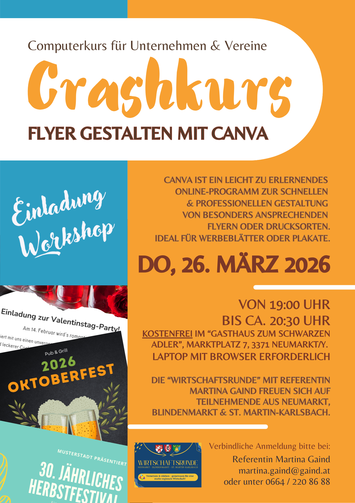 Einladung Crashkurs Canva am Do, 26.3.2026 für Unternehmer, Mitarbeiter & Vereinsvorstände