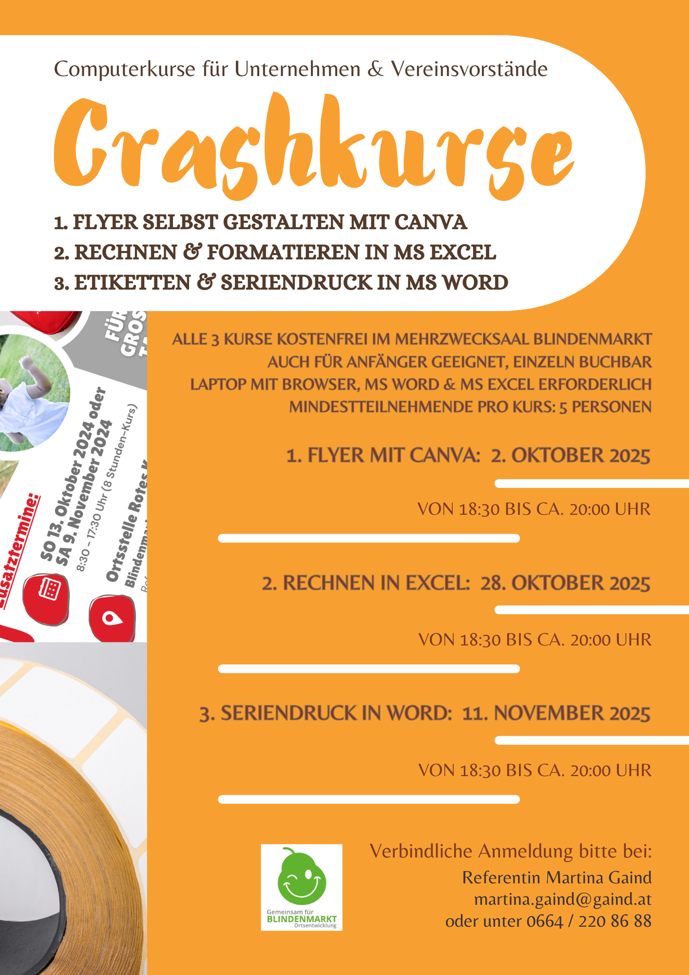 Einladung Crashkurse Canva – MS Word – MS Excel